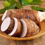 Wild taro corms in a bowl.