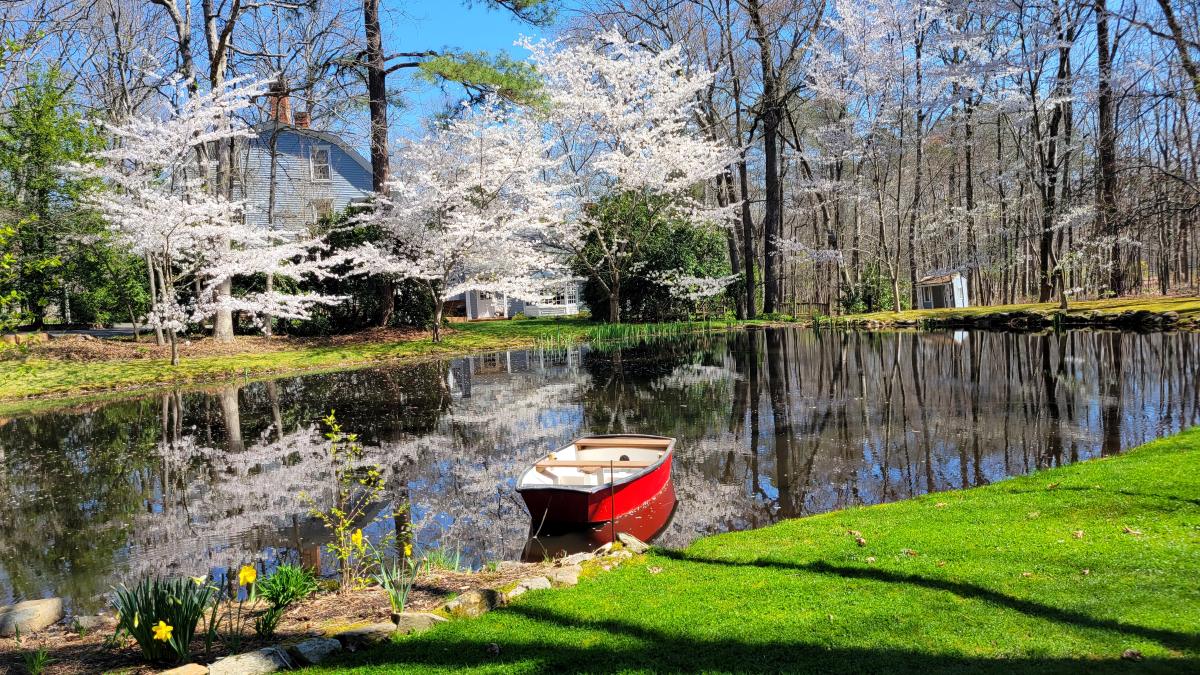 Kate's pond in Virginia with a red boat.